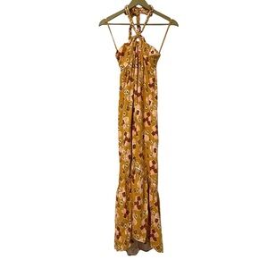 NEW Aerie XS Orange Ikat Print Linen Blend Halter Babydoll Maxi Dress Boho